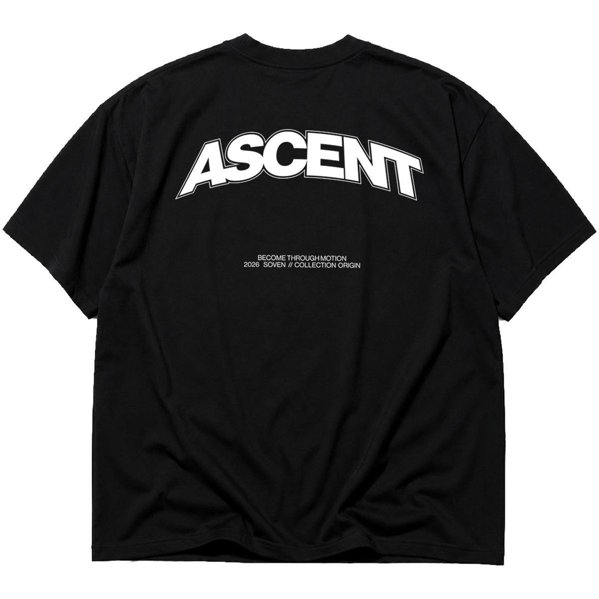 Back view of the SOVEN ASCENT oversized heavyweight cotton T-shirt in dark from the ORIGIN collection featuring a minimalist back graphic.
