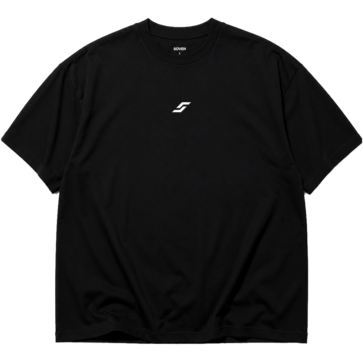 Front view of the SOVEN ASCENT oversized heavyweight cotton T-shirt in dark from the ORIGIN collection featuring a minimalist front graphic.
