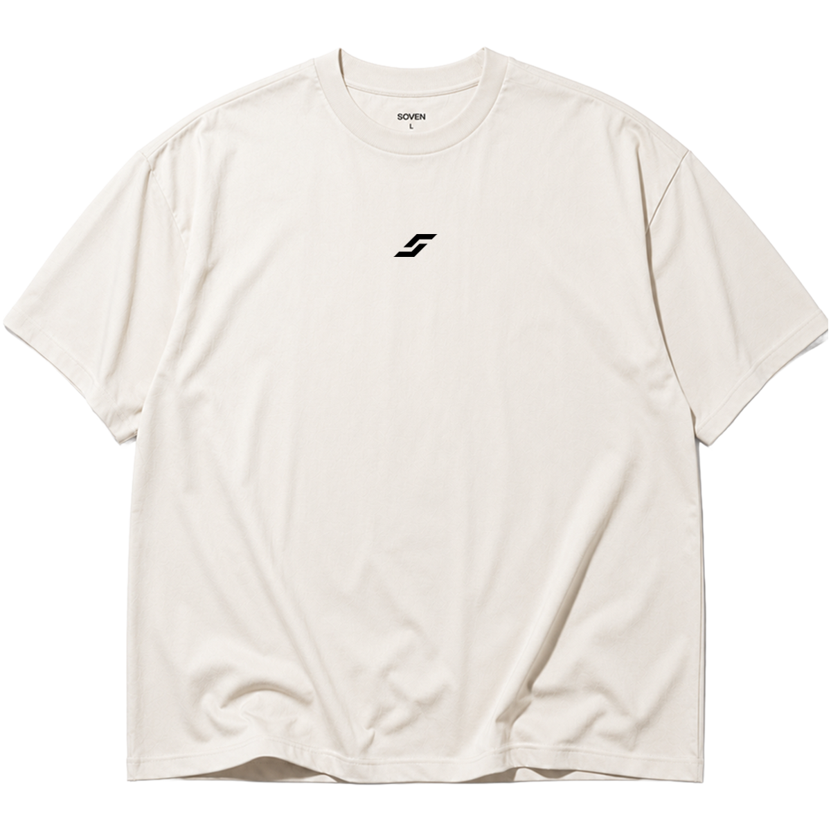 Front view of the SOVEN ASCENT oversized heavyweight cotton T-shirt in light from the ORIGIN collection featuring a minimalist front graphic.
