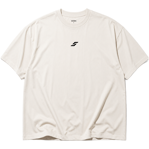 Front view of the SOVEN ASCENT oversized heavyweight cotton T-shirt in light from the ORIGIN collection featuring a minimalist front graphic.
