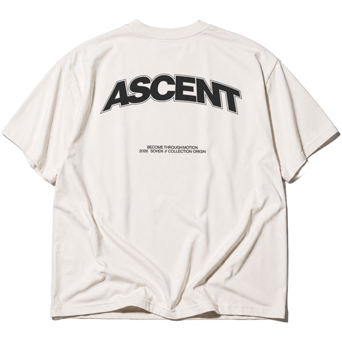 Back view of the SOVEN ASCENT oversized heavyweight cotton T-shirt in light from the ORIGIN collection featuring a minimalist back graphic.
